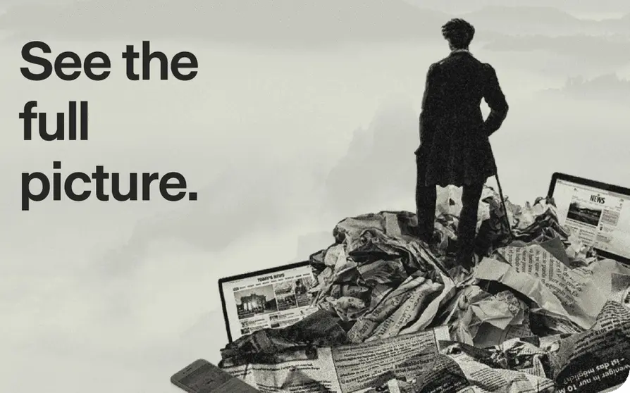 See the full picture — a reader standing on a pile of newspapers